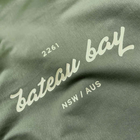 Close up of the Khaki 100% cotton Bateau Bay Beach T shirt