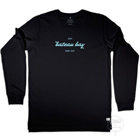Long Sleeve Graphic Tee with Bateau Bay design, black cotton, front