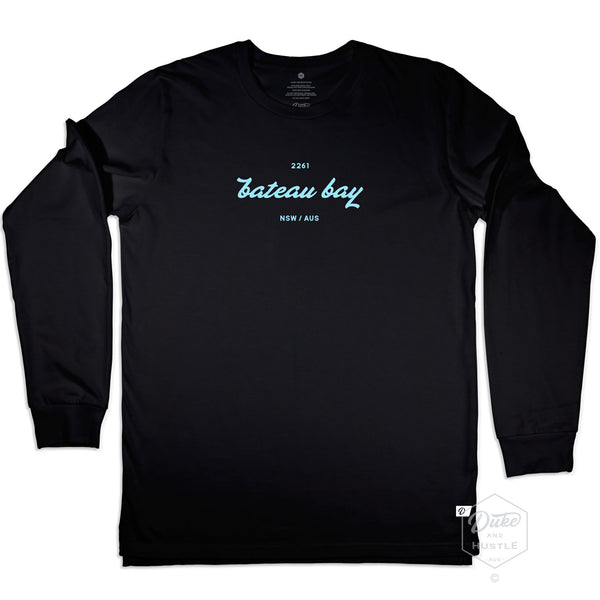Long Sleeve Graphic Tee with Bateau Bay design, black cotton, front