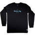 Long Sleeve Graphic Tee with Bateau Bay design, black cotton, front
