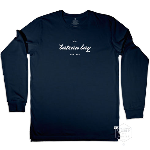Long Sleeve Graphic Tee with Bateau Bay design, navy cotton, front