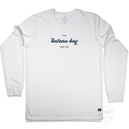 Long Sleeve Graphic Tee with Bateau Bay design, white cotton, front
