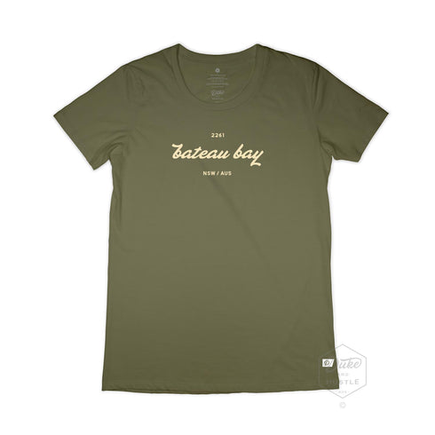 Women's Bateau Bay Beach T Shirt, 100% Cotton, Khaki, Flat Lay showing front