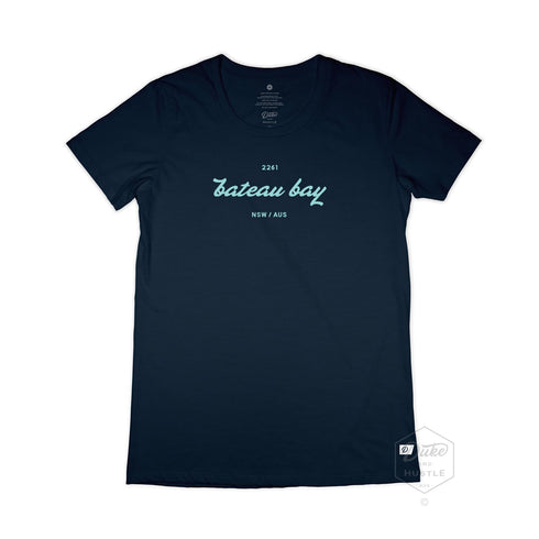 Women's Bateau Bay Beach T Shirt, 100% Cotton, Navy, Flat Lay showing front