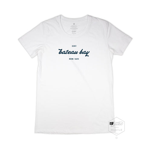 Women's Bateau Bay Beach T Shirt, 100% Cotton, White, Flat Lay showing front