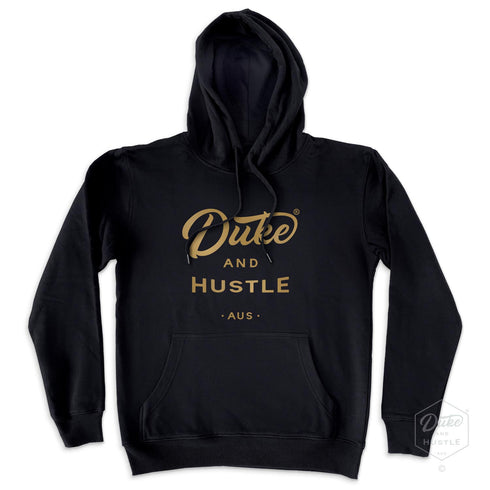 Fleece hoodie, black, flat lay, with metallic gold Duke and Hustle® logo