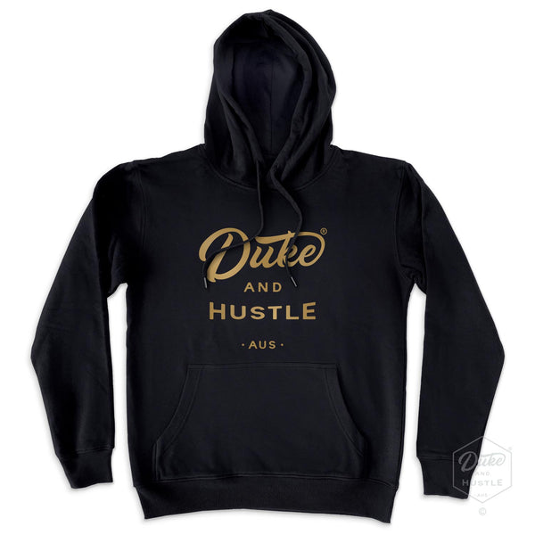 Fleece hoodie, black, flat lay, with metallic gold Duke and Hustle® logo