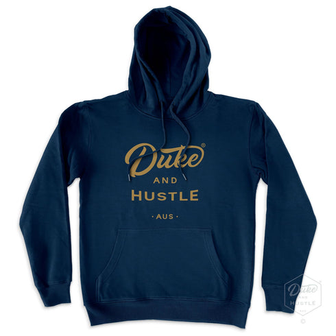 Australian Cotton Fleece hoodie, navy, with metallic gold Duke and Hustle® logo