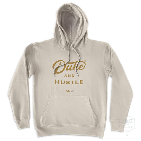 Fleece hoodie, Sand colour, flat lay, with metallic gold Duke and Hustle® logo