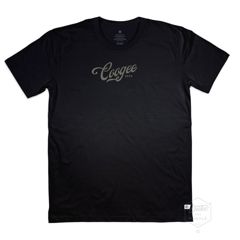 Coogee Beach Sydney Graphic tee, 100% Australian Cotton, Front, Black with metallic Graphite pressed vinyl
