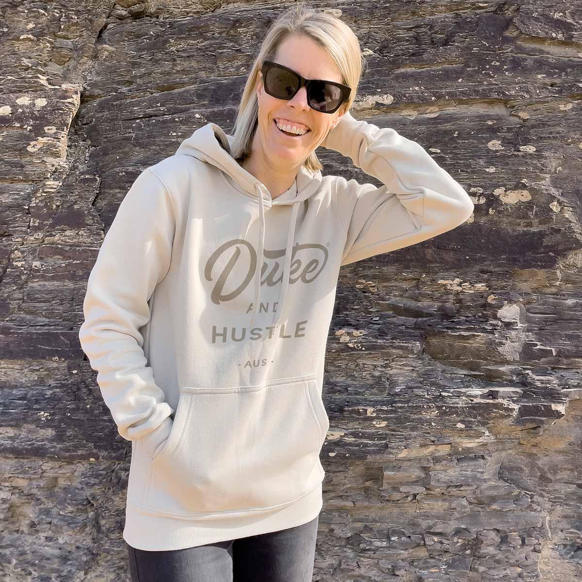 The Cool Change Hoodie, in sand, rocked by Ash