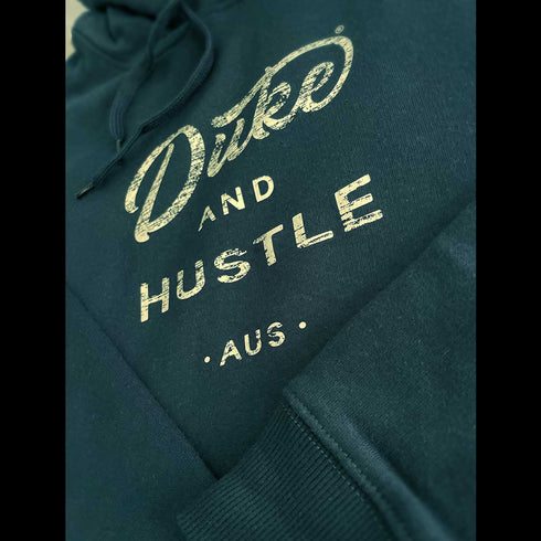 The Crack of Dawn, Unisex Fleece Hoodie, front close up showing print, cuffed sleeves, and draw strings