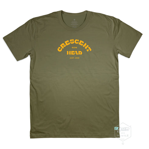 Crescent Head Men’s Graphic T Shirt on Australian Cotton, Khaki, Front