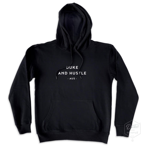 Fleece hoodie in Black, unisex fit, front typographic design reads DUKE AND HUSTLE AUS