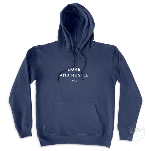 Fleece hoodie in Diesel Blue, unisex fit, front typographic design reads DUKE AND HUSTLE AUS