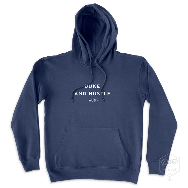 Fleece hoodie in Diesel Blue, unisex fit, front typographic design reads DUKE AND HUSTLE AUS