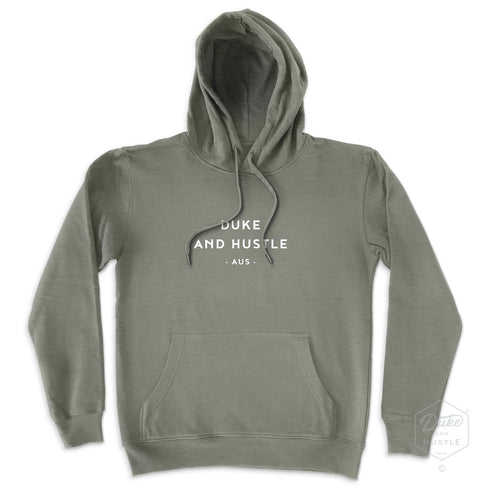 Fleece hoodie in Sage Green, front typographic design reads DUKE AND HUSTLE AUS