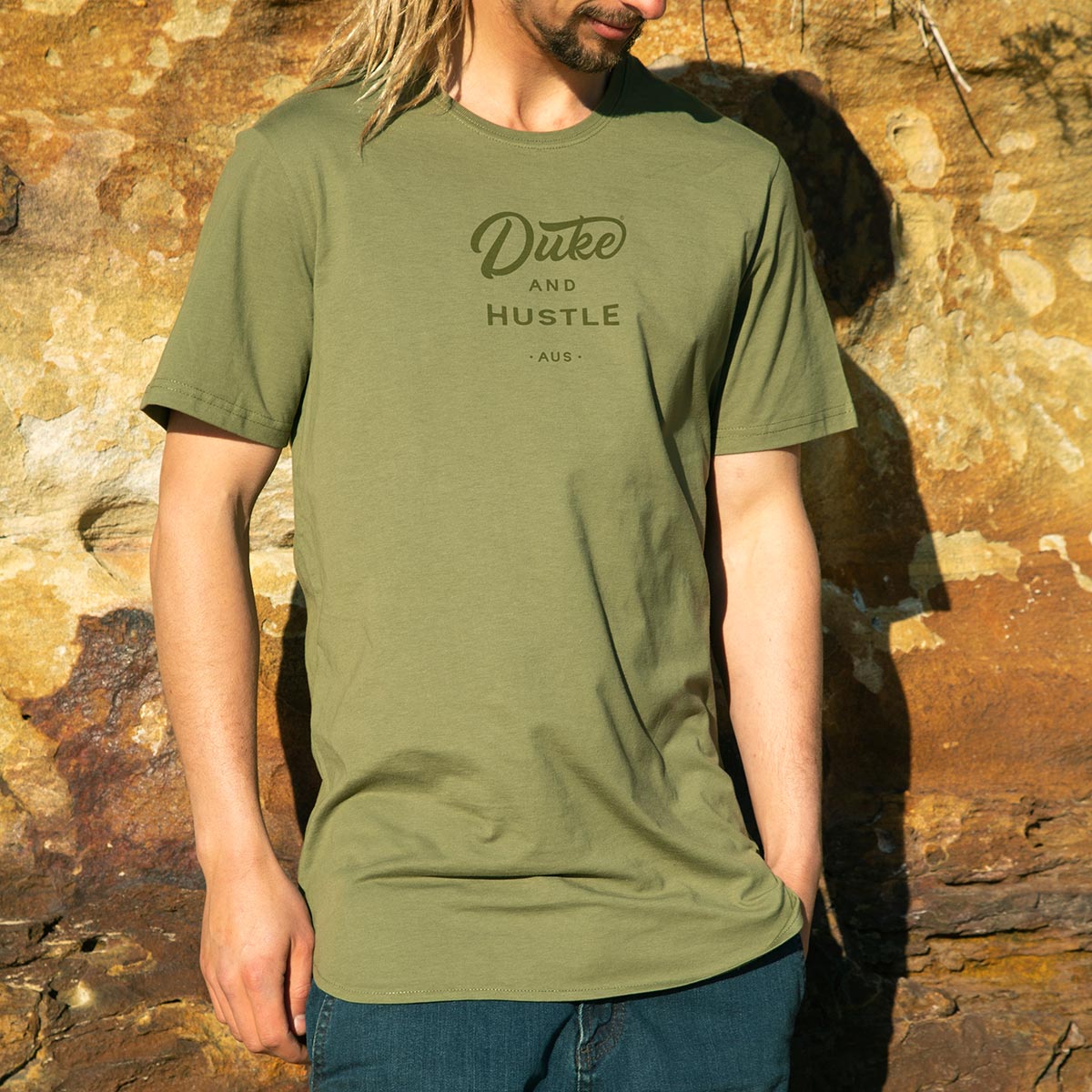 The Endless Summer, on our Men’s Long Curved Hem cotton tee, in khaki