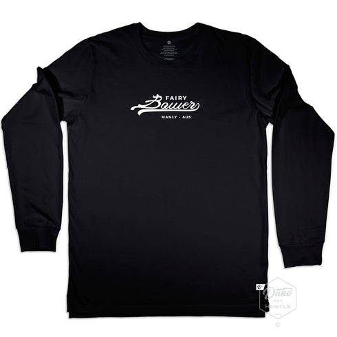Fairy Bower Manly, Long Sleeve Unisex Tee, Front, Black, laid flat