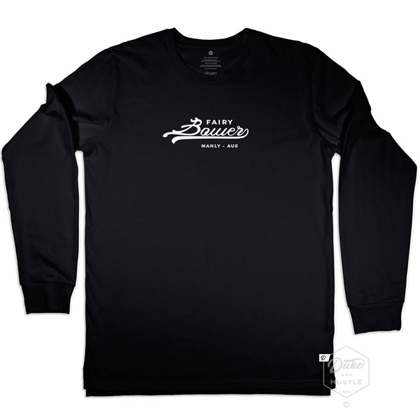 Fairy Bower Manly, Long Sleeve Unisex Tee, Front, Black, laid flat