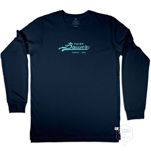 Fairy Bower Manly, Long Sleeve Unisex Tee, Front, Navy, laid flat