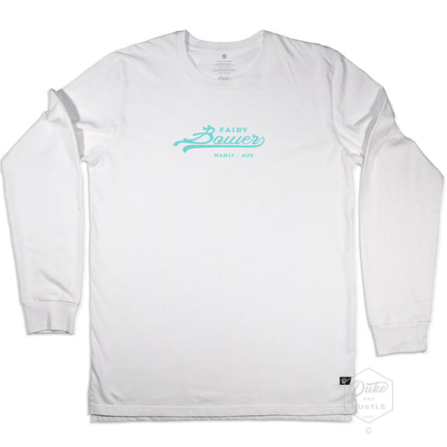 Fairy Bower Manly, Long Sleeve Unisex Tee, Front, White, laid flat