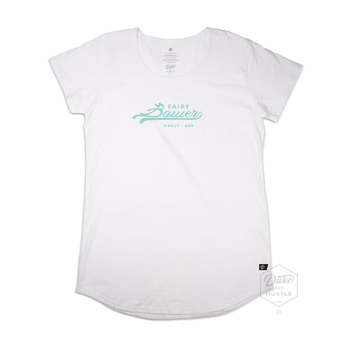 Fairy Bower Manly, Womens Long Curve Tee, Front,White, laid flat