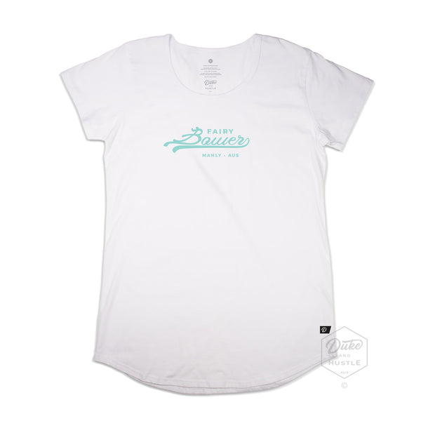 Fairy Bower Manly, Womens Long Curve Tee, Front,White, laid flat