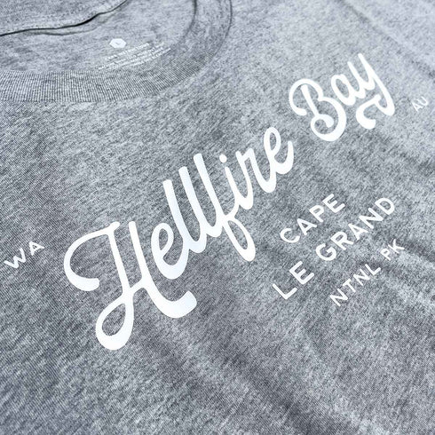Hellfire Bay WA Graphic T Shirt, Classic Unisex Fit, Grey Marle, Front, Close Up