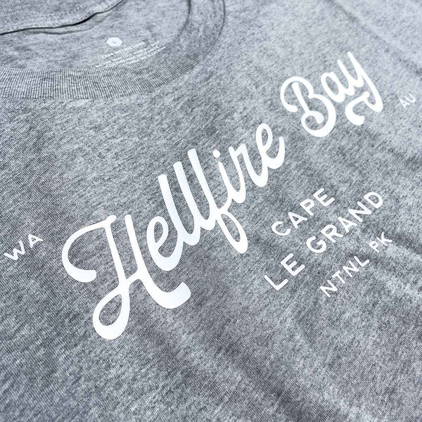 Hellfire Bay WA Graphic T Shirt, Classic Unisex Fit, Grey Marle, Front, Close Up
