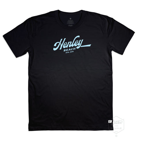 Graphic Tee with Henley Beach typographic design, front, Black
