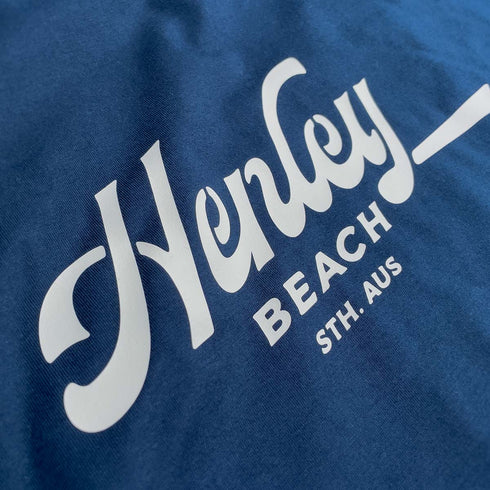 Graphic Tee with Henley Beach typographic design, front, close up, Navy