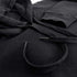 Close up of premium fleece black hoodie, drawcords with aglets to prevent fraying