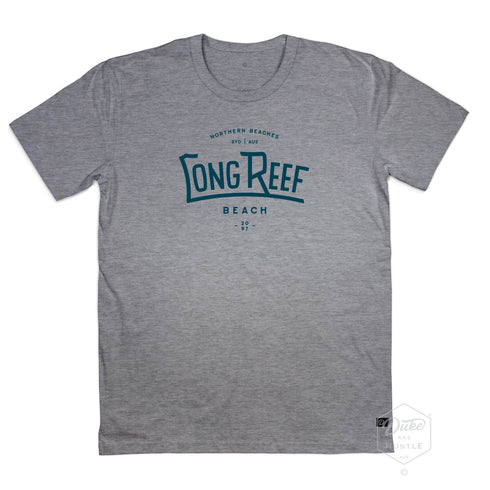 Long Reef Beach Men’s Unisex Fit Graphic T Shirt on Australian Cotton, Grey Marle, Front