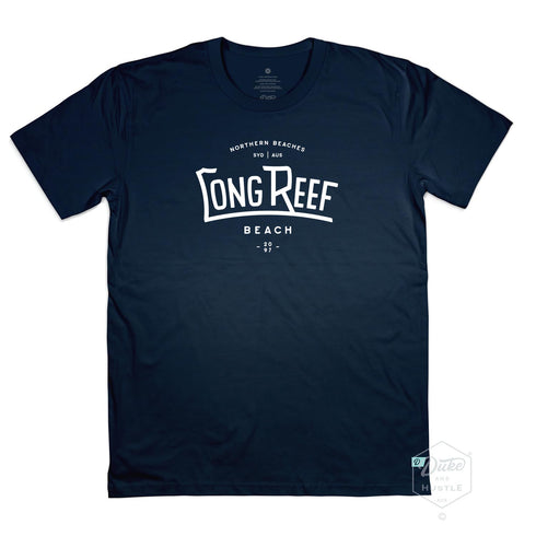 Long Reef Beach Men’s Unisex Fit Graphic T Shirt on Australian Cotton, Navy, Front