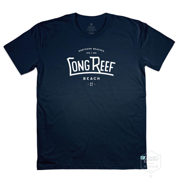 Long Reef Beach Men’s Unisex Fit Graphic T Shirt on Australian Cotton, Navy, Front