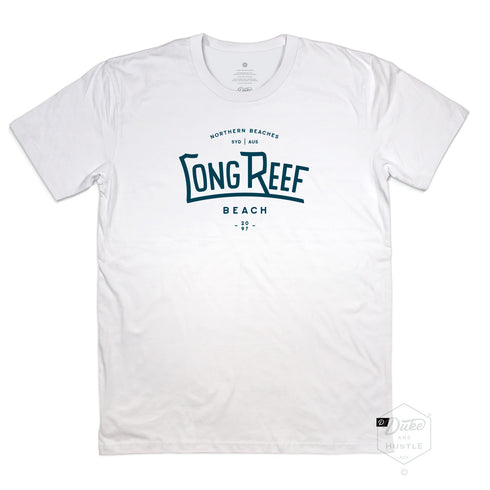 Long Reef Beach Men’s Unisex Fit Graphic T Shirt on Australian Cotton, White, Front