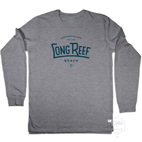 Long Reef Beach Graphic Long Sleeve T Shirt on Australian Cotton, Grey Marle, Front