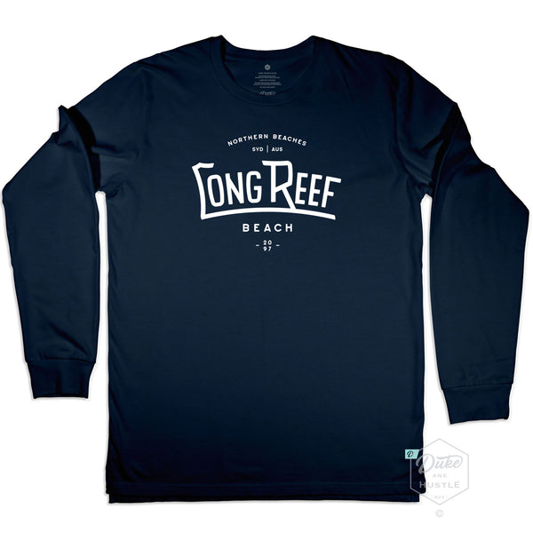 Long Reef Beach Graphic Long Sleeve T Shirt on Australian Cotton, Navy, Front