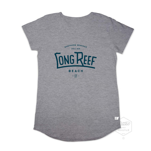 Long Reef Beach Women’s Graphic Long Curve 100% Cotton T Shirt, Grey Marle, Front