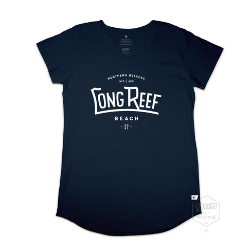 Long Reef Beach Women’s Graphic Long Curve 100% Cotton T Shirt, Navy, Front
