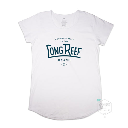 Long Reef Beach Women’s Graphic Long Curve 100% Cotton T Shirt, White, Front