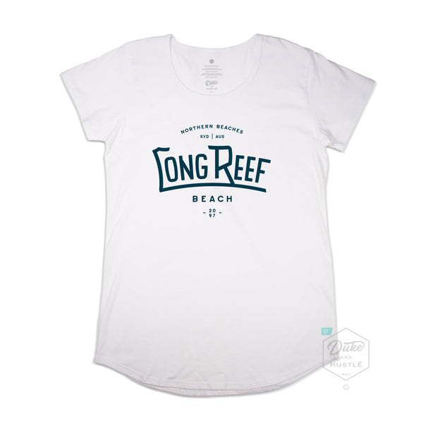 Long Reef Beach Women’s Graphic Long Curve 100% Cotton T Shirt, White, Front