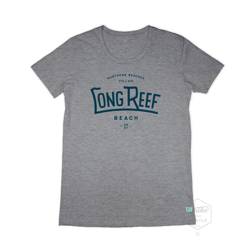 Long Reef Women’s Graphic T Shirt on Australian Cotton, Grey Marle, Front