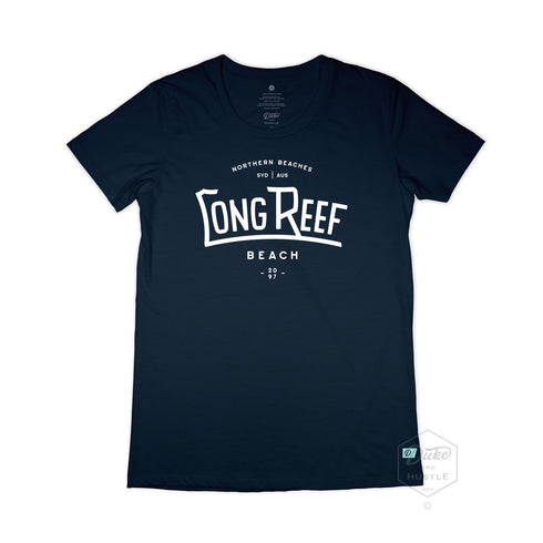 Long Reef Women’s Graphic T Shirt on Australian Cotton, Navy, Front