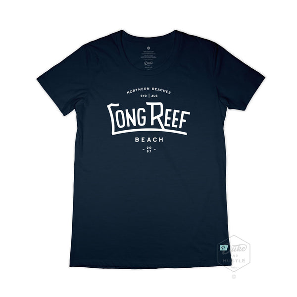 Long Reef Women’s Graphic T Shirt on Australian Cotton, Navy, Front
