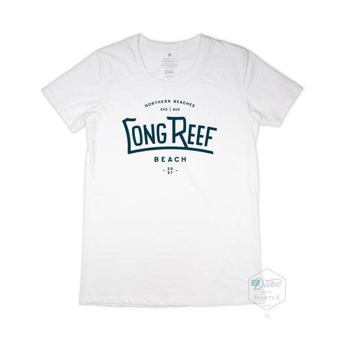 Long Reef Women’s Graphic T Shirt on Australian Cotton, White, Front