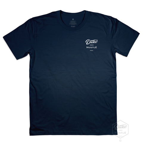 Unisex Style Duke and Hustle Pocket Logo, Classic Fit T Shirt on Australian Cotton, Navy