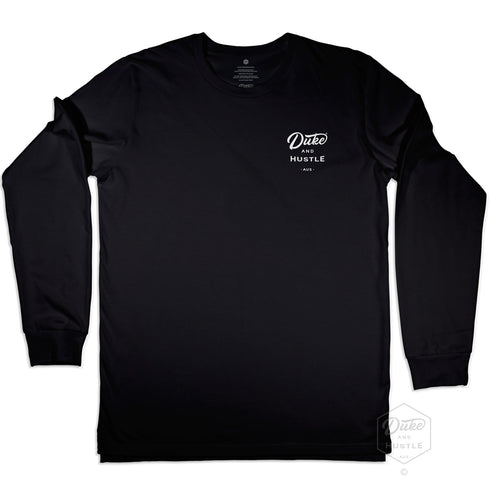 Duke and Hustle white Pocket Logo, Unisex Long Sleeve Cuff Tee on Australian Cotton, Black, Front