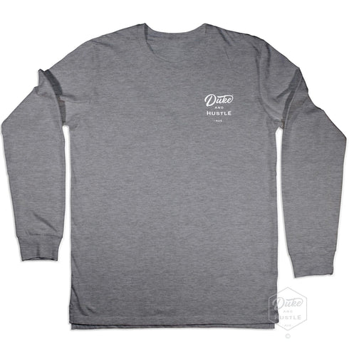 Duke and Hustle white Pocket Logo, Unisex Long Sleeve Cuff Tee on Australian Cotton, Grey Marle, Front
